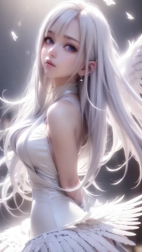 (White Wings,Angel:1.2),(Falling white feathers background:1.1)， （（masterpiece））， （detailed：1.4），Realistic、 Image of a beautiful woman dancing gracefully，High resolution（High Dynamic Range），Ray Tracing，NVIDIA，Super Resolution，PBR Textures，post-processing，A...