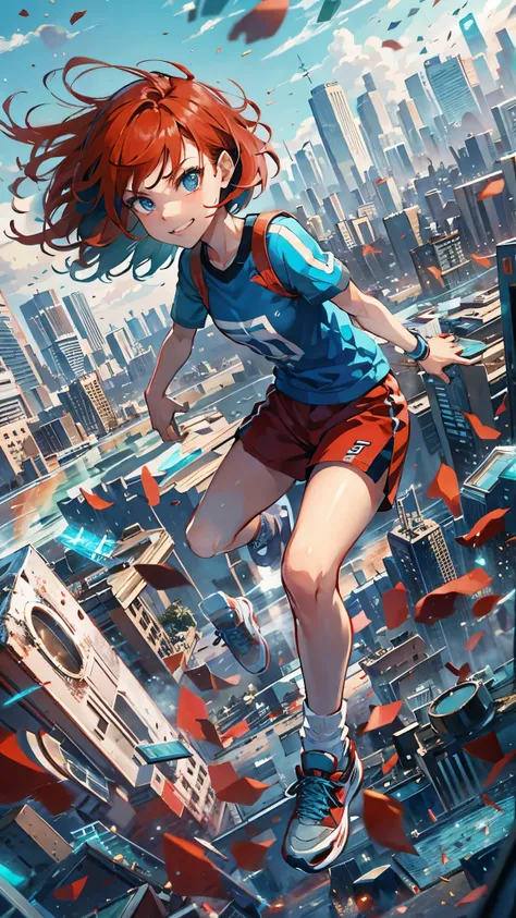 a girl with short hair, blue and red hair, slender body, wearing jersey, sports style, socks and sneakers, floating in the air, psychic battle with a psychopath, debris and collapsing city in the background, rage expression with a slight smile, photorealis...