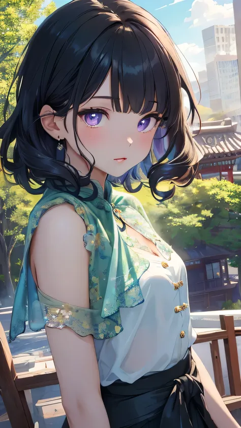 (Close-up of the painting style，ultra hd 8k，Masterpiece grade CG wallpaper)，Cinematic lighting，cute girly，Delicate and beautiful face，Dreamy pupils，Wearing a small floral blouse，bound waist,Green shawl,Bust poem,Sit，Cloudy background,long curly dark blue h...