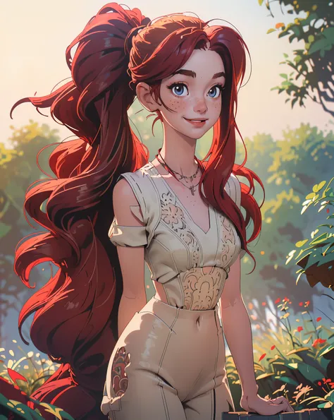 (masterpiece, best quality), 1girl, collarbone, wavy hair, looking at viewer, blurry foreground, upper body, necklace, contemporary, plain pants, ((intricate, print, pattern)), ponytail, freckles, red hair, dappled sunlight, smile, happy,