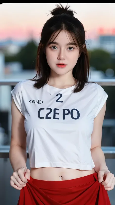 Adorable , Gorgeous , Beautiful , Russian Baby Face , (Huge Breasts) , 2 , White Skin , (sexy red mancester united jersey), ((tight)) , ((Bokeh:1.1)) , Blue Eye , ((Morning:1.3)) , on rooftop cafe , stand up , in front of viewer , HDR , Ultra Detailed , EF...