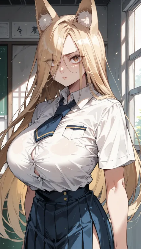 Cold Stare,(hi-quality,high resolution),(Fox Ears),(forehead,long hair over one eye),((((long slit eyes)))),((side parted hair)),((oblong face)),((huge breasts)),((very narrow eyes))((Clear Eyes,Perfect Eyes,brown eyes)),((clear lines)),Blonde,Long Hair,Ol...