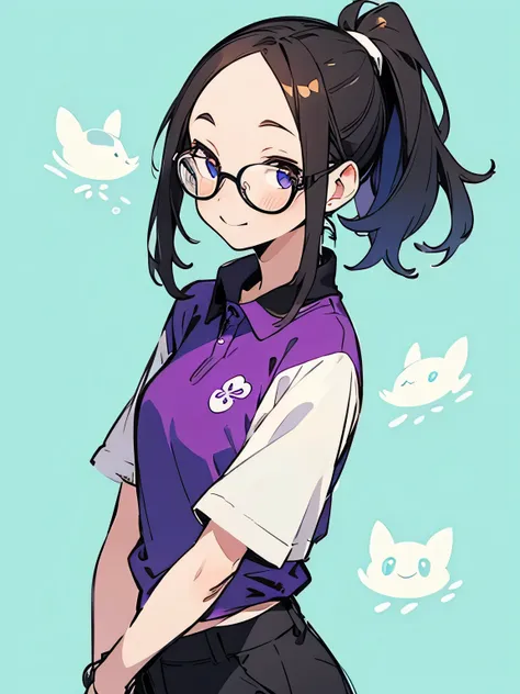 solo,upperbody,brown ponytail,big forehead,glasses,(purple poloshirts),mini cargo pants,bare feet,on the way home,road,residential area,(manga style),(sketch),(illustration),