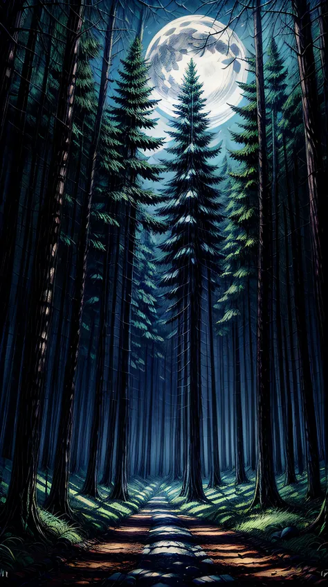 A dense forest, full moon