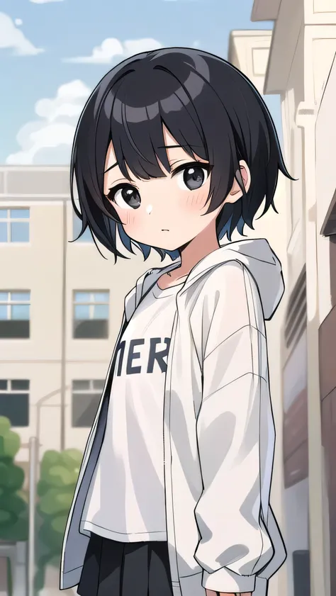 Black hair, short cut, kind face, modest personality, round head, sagging eyes, droopy eyes, girl, elementary school student, a little thin, jacket too big, white jacket, white T-shirt, pink miniskirt, black hair, bangs A little short, black eyes,flat ches...