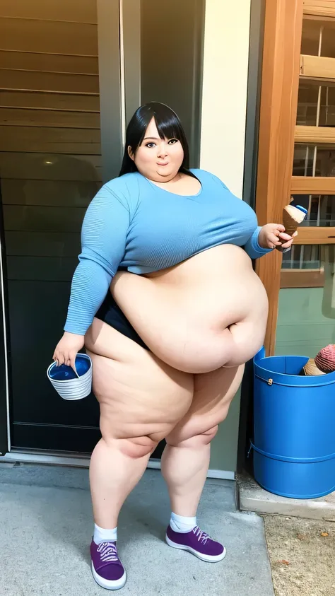 Anime Women, Adult female、Blue knit sweater and skirt, Long black hair, ((holding a bucket filled with ice cream)), Very fat、waddling around a house, Chubby、obesity、obesity body、Double chin、Cheek、Thick neck、Big Breasts、Saggy breasts、Thick upper arms、Thick ...