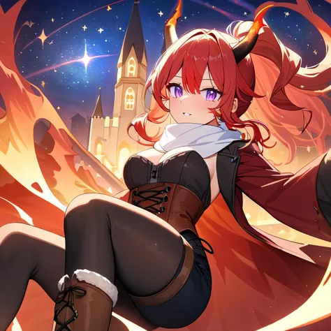 A picture of a young woman (Solo) ((1woman)) Red fiery hair(gradient hair)(wavy hair)(pony tail), purple eye, sharp eyes, clear face, feminine, curve, fire horns, tan skin, masculine

Outfit: Black strapless corset teddy, black high stocking, Black short p...