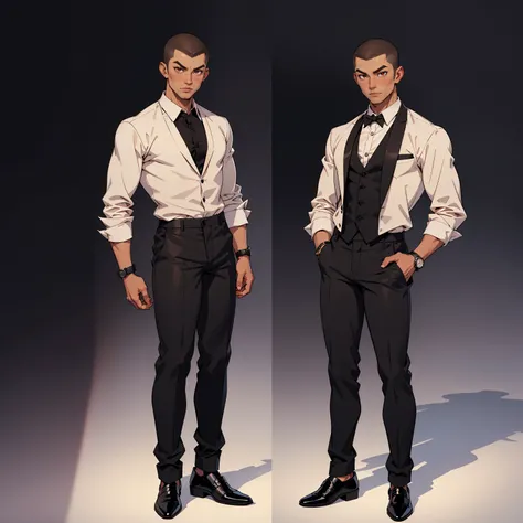 1 boy, very detailed, neutral facial expression, figure, skinny body, tan skin, full body view, buzz cut, red eyes, looking at viewer, black long sleeve shirt, black formal pants, black formal shoes, black socks, standing pose touching wrist watch 