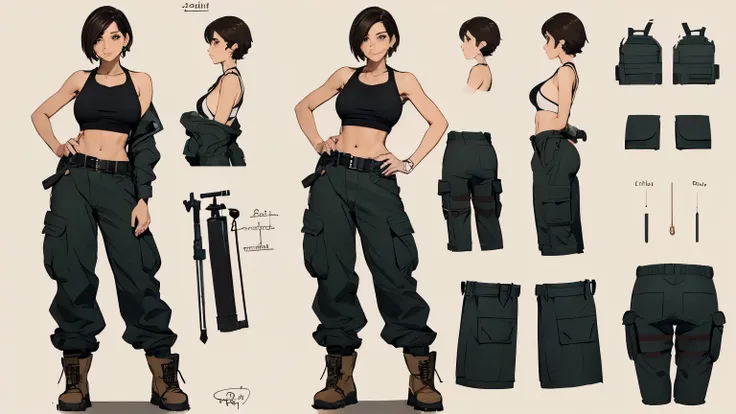 ((masterpiece)), ((best quality)), ((Character design sheet)), Sketch, 25yo Female, short brunette hair, wearing sci-fi mechanic jumpsuit with loose cargo pants and work boots, bare stomach, small tool belt, plain background, sexual