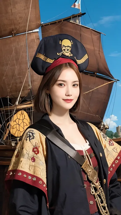 292 (20-year-old woman,Short Hair) , (A kind smile) , ((Pirate ship captain,captain)), (colorful), (Leonardo da Vinci paintings), flower, Steampunk Pirate Ship