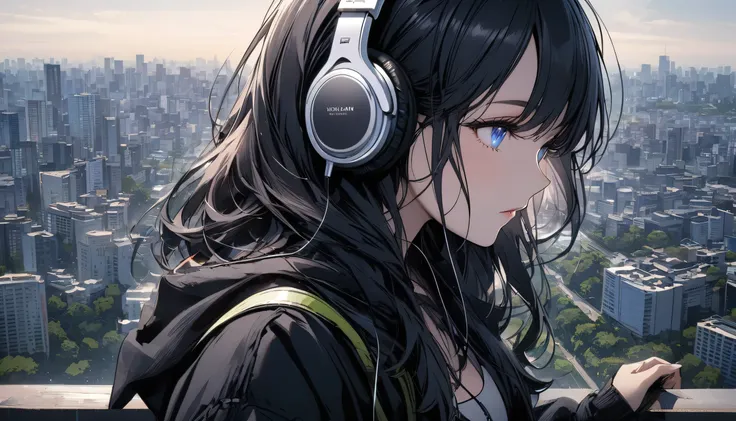 a woman looking at a large park in tokyo from a high-rise building, blue eyes, city landscape, listening to music with headphones