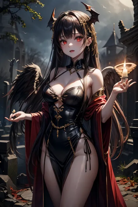 high qulity，tmasterpiece，8K，(2 girls，twins，The angel，devils，the angels wings，Demons wings)，Decorated with intricate gold jewelry and headdresses，Standing in a blood ritual circle full of threats。She has long black hair，Pale skin and striking red eyes。Weari...