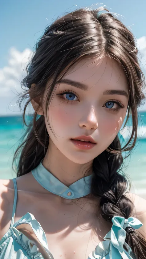 best quality, ultra hi res, photoreaslistic, a photography of a beautiful woman, 30yo teen age, detailed face, black Messy fishtail braid, (detailed porcelain doll,delicate clothes with a lot of frills and ribbons), Beach, (face close up), seductive look, ...