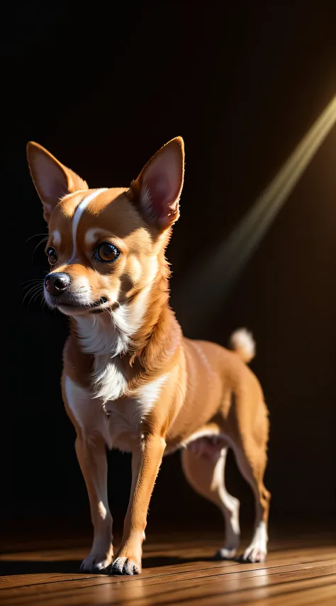 Chihuahua dog Caramel, (Highly detailed ultra-realistic images:1.2), (Photorealista:1.2), With intricate details. (Background with lighting effects with light rays and light color power:1.2). ((cinematic photography, nffsw, 8K)), ((full bodyesbian)), ((foc...