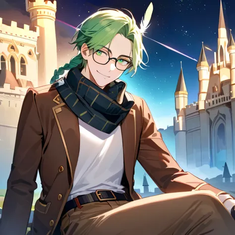 A picture of a young man (Solo) ((1boy)) light green hair(feather hair))( bangs)(long hair)(braid hair), green eye, handsome, gorgeous, attractive, gentle smile, clear face,(masculine)(manly)​

Outfit: balck furr scarf, brown jackets, pilot helmet, glasses...