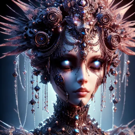 a close up of a woman with a very elaborate headpiece, portrait of a cyborg queen, ornamental gothic - cyberpunk, 4k highly detailed digital art, cyberpunk robotic elvish queen, hyperdetailed fantasy character, 3d render digital art, rococo cyberpunk, deta...