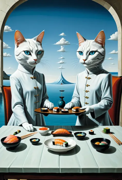 two wizard cats at table with sushi, no hands - surrealist style, surrealist artwrok, dream like, salvador dali style, rene magr...