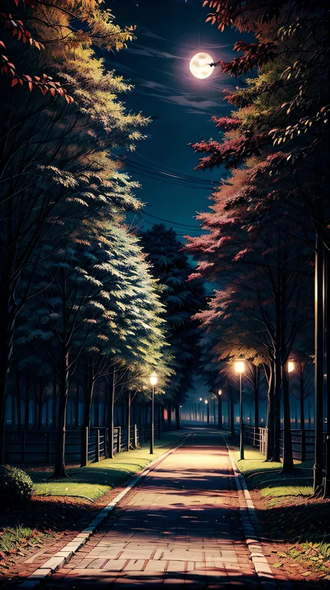 full moon, a quiet park, leafy tree, street lamps line the path