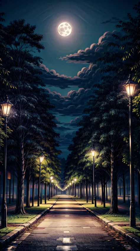 full moon, a quiet park, leafy tree, street lamps line the path