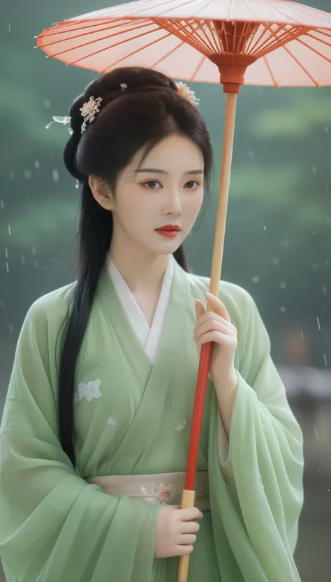 Asian woman in green kimono holding red umbrella in the rain, palace , a girl in Hanfu, Beautiful character drawings, traditional beauty, Chinese girl, Hanfu, Chinese style, Ancient Chinese Beauty, Wearing ancient Chinese clothing, Chinese women, Tradition...