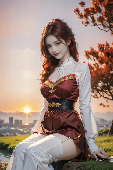 （masterpiece），Very beautiful girl，20 years old，(Smile),((Bright red hair))，(((Magic effect painting)))，Bright eyes，Thin lips，Fair and translucent skin，(healthy)Physical Fitness（Large Breasts：1.25）,（Ultra-delicate），Top sexy tulle(Clothes transparent 1.3)，((...