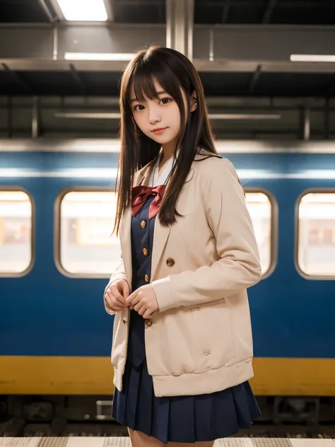 (masterpiece:1.2, highest quality), Bokeh, 1 high school girl, (japanese idol:1.6), blushing face, looking at the viewer, standing on the train tracks, high school uniform:1.6), sunset, close, 