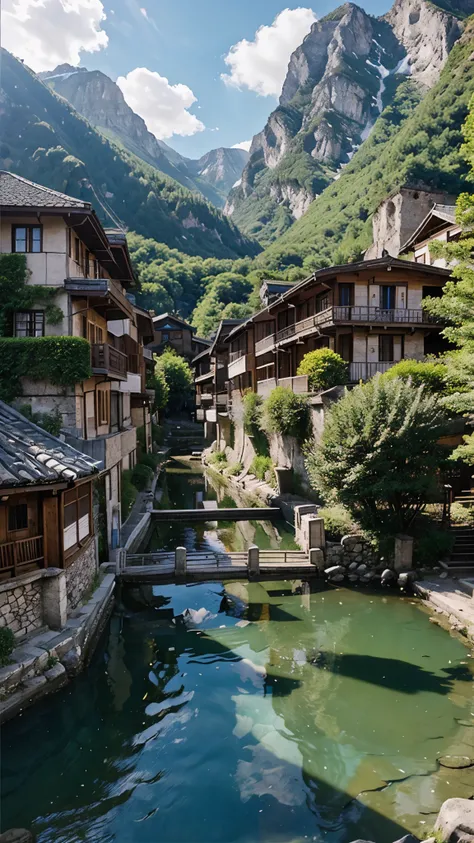 anime manga, a village near the mountains and a crystal clear river 