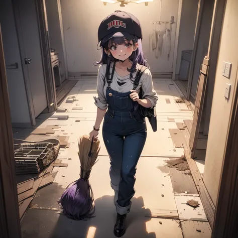 (masterpiece), best quality, expressive eyes, perfect face, 4k, HDR, full HD, ((1girl)), solo, (purple hair), perfect anatomy, full body, flirty smile, womans overalls, no blouse under the overalls, baseball cap, hair down, in one hand a brush with purple ...