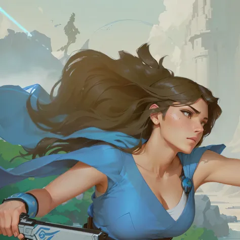 there is a woman holding a gun and a gun in her hand, katara from avatar, fan art, fanart, portrait of avatar korra, flat cel shading mucha, greek myth digital painting, korra from the legend of korra, annabeth chase, speedpaint, character art closeup, ins...