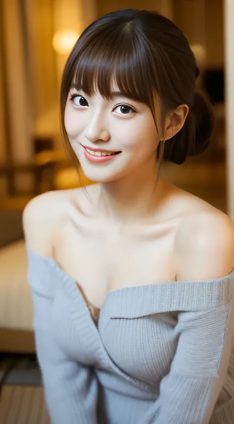 masterpiece,best quality,(Japanese girl),((Beautiful girl)),cleavage,(off shoulder:1.2),(perfect body beauty:1.2),(shy smile),From slightly above