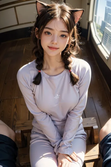 Best Quality, masterpiece ultra high resolution 8k,((Sitting with legs together,Portrait of a cat sleeping on your lap:1.4)), (Realistic:1.6), ((blue eyes)),((A radiant smile)), RAW Photos,((Realisticな美肌)),((UNIQLO,Sweatsuit top and bottoms and ultra light...