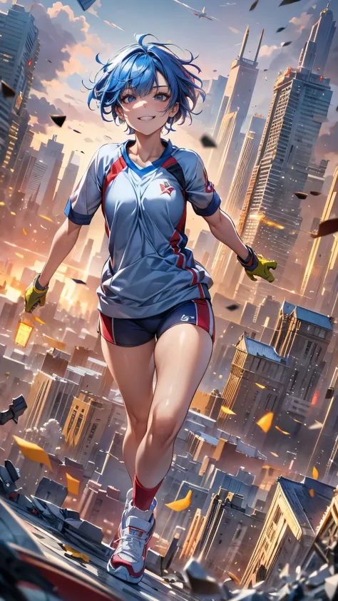 a girl with short hair, blue and red hair, slender body, wearing jersey, sports style, socks and sneakers, floating in the air, psychic battle with a psychopath, debris and collapsing city in the background, rage expression with a slight smile, photorealis...