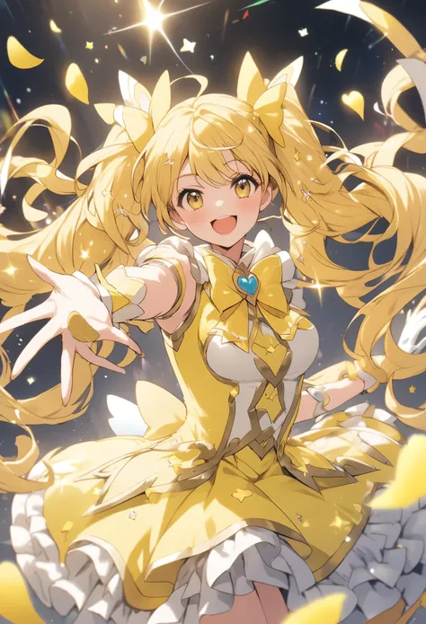 (Magical Girl 1:1.5)、Yellow Magical Girl、(Curly hair twin tails)、Ruffled Skirt、Yellow ribbon、butterfly々、Lots of yellow flowers、Sparkling、lame、Glitter、White Feather、(Dancing)、smile