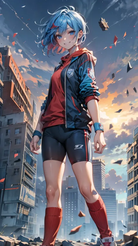 ((Impossible Event)),a girl with short hair, blue and red hair, slender body, wearing jersey, sports style, socks and sneakers, floating in the air, psychic battle with a psychopath, debris and collapsing city in the background, rage expression with a slig...