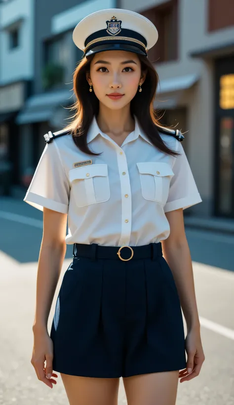 (((8ｋ,High detail,High definition、masterpiece,Attention to detail))),RAW Photos & Realistic atmosphere、(Natural side lighting, Cinema Lighting), 1 female,Japanese,Mature Woman,Female police officer on patrol,Perfect Face, Symmetrical face, Shiny skin, ,(sm...