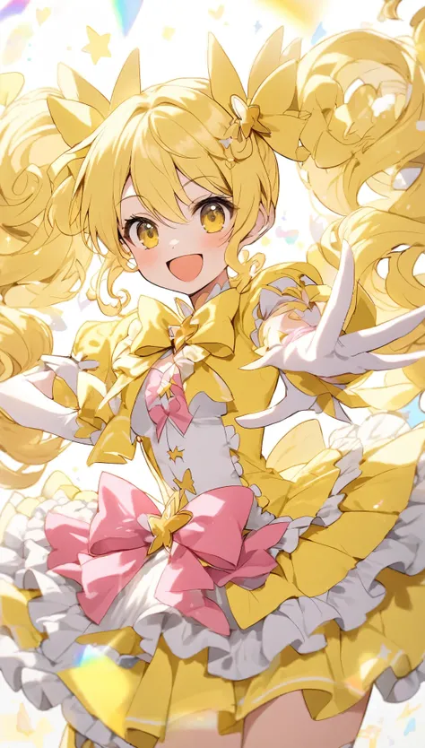 (Magical Girl 1:1.5)、Yellow Magical Girl、(Curly hair twin tails)、Ruffled Skirt、Yellow ribbon、butterfly々、Lots of yellow flowers、Sparkling、lame、Glitter、White Feather、(Dancing)、smile