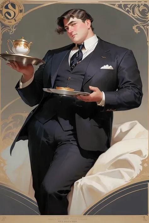 British. Handsome. Crooked lips, noble nose, large soft clean-shaven chin. Tall and full-figured, 250lbs. 40 years old. Dark blue eyes and tidy short dark hair. 1920s valet uniform, English Butler, perfect servant. Resembles young Stephen Fry portraying Je...