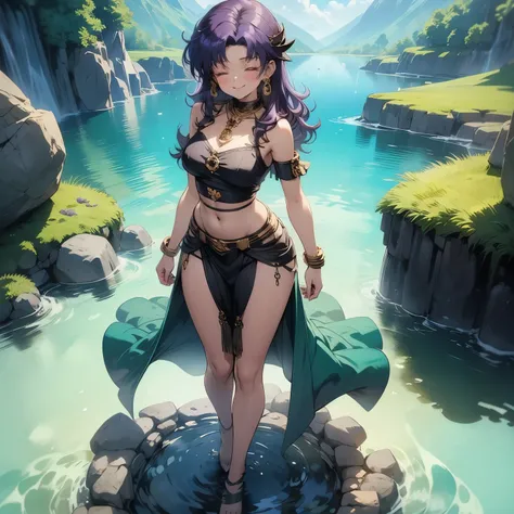 (masterpiece), best quality, expressive eyes, perfect face, 4k, HDR, full HD, ((1girl)), solo, (purple hair), perfect anatomy, full body, flirty s mile, clothing and clothing accessories of a Mayan princess, accessories made of jade and quetzal feathers, s...