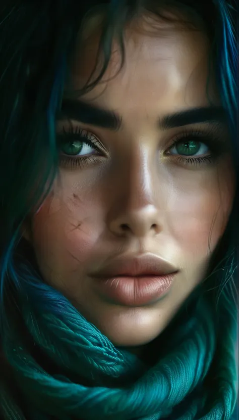 (Medium:1.37),portrait of a woman,scarf on her head,the same scarf covers her mouth and nose,beautiful dark green eyes,blue hair,a few strands of hair are visible,small lips,(best quality,4k,8k,high resolution,masterpiece:1.2),ultra detailed,(Realistic,pho...