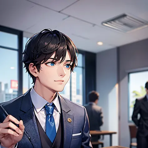 hand up, Close up of your face, (looking away:1.5),  side angle, shiny skin, masterpiece、Best Quality、(2 male:1.5) and (Black short hair) and (blue eyes),  (Wearing a suit:1.5) and (Blue tie)、Standing、smile、The background is the company&#39;s conference ro...