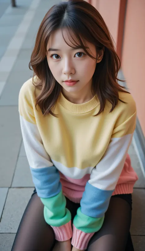 Photos taken by a professional photographer，Close-up of a woman squatting on the sidewalk with her legs crossed, Wear a sweater, Shirahime cuts her brown hair, Wear a sweater, Young and pretty girl, Japanese Model, Chiho, ランダムカラーのカジュアルなWear a sweater,Cute ...