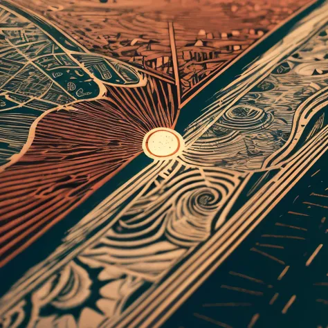 a close up of a map with a sun on top of it, beautiful high contrast woodcut, in style of stanley donwood, style of stanley donwood, stanley donwood, woodcut art, by Brenda Chamberlain, woodcut print, linocut art, by Joe Stefanelli, by Genevieve Springston...