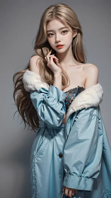 Girl wearing, luxury  cyan coat, shoulder length hair, wavy hair, glowing skin, star in eye, red lips, grey  background, cute poses , upper body, light blonde hair.