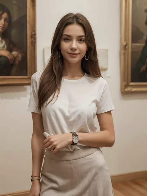 masterpiece, best quality:1.4, realisticlying:1.4, medium long shot,1girl skinny with beautiful skin (bright skin), no make up, (white shirt), (brown long skirt), standing in art gallary, there is red blood on her hand,(photorealistic:1.2), (ultra realisti...