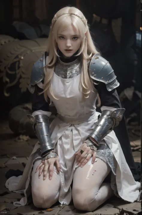 masterpiece, best quality photo, a beautiful princess knight in armor is kneeling on floor and covered in blood, blood splattere...