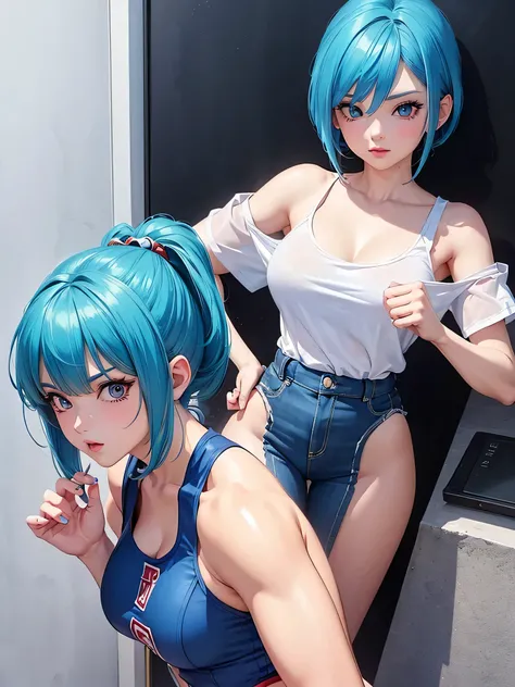 all realistic anime intricate details: "solo 1girl view, character: Bulma (Dragon Ball), features: perfect body with blue hair, Big and expressive eyes. outfit: very short and comfortable casual clothes, very sensual and seductive professional"