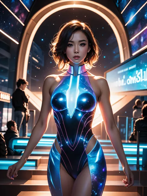 An ultra hot gorgeous thai woman, known as a popular playmate and mens magazine model, portrayed as a fierce female space ranger in a dynamic action pose. She is dressed in a sleek, form-fitting space suit with futuristic details, standing confidently with...