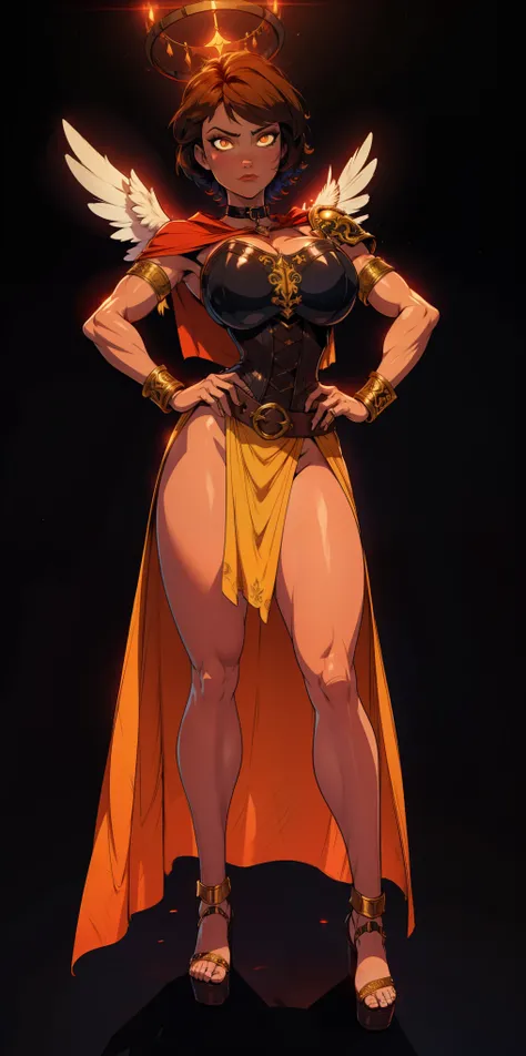 (Black background) paladin lady in ornate golden armor, black collar, pauldrons, breastplate, leather corset, glowing halo, short bob hair style, yellow glowing eyes, bright pupils, eye focus, red cape (full body, whole body, 1solo girl) fighter, loincloth...