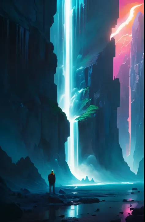 a painting of a waterfall and a man standing in front of a mountain, cyberpunk art by Mike "Beeple" Winkelmann, trending on Artstation, fantasy art, detailed dreamscape, magical landscape, beautiful color art!, neon landscape, magical colors and atmosphere...