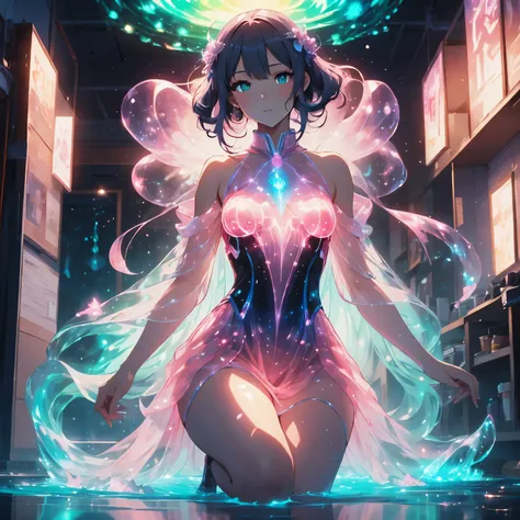 An anime girl emerging from water, her body radiating a fusion of organic life and glowing bioluminescence. Brilliant green veins intertwine with pulsating pink energy across her skin, creating a surreal anatomical study. She wears a form-fitting pink outf...